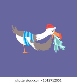 Funny seagull vomiting with fish, cute comic bird character cartoon vector illustration