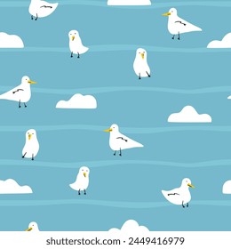 Funny seagull and white cloudy. Semless marine pattern
