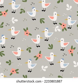 Funny seagulls, flowers and leaves on a gray background. Endless pattern. A hand-drawn character for textiles, packaging, paper. Seamless vector background. Seamless Repeat Pattern. Cartoon doodles.