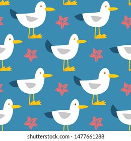 Funny seagulls. Seamless vector pattern with seagull and starfish.