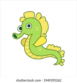 Funny sea-horse character in cartoon style. Flat kid graphic. Isolated vector illustration.