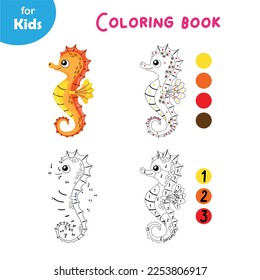 Funny seahorse. Coloring book for kids, educational games dot by dot, marine set