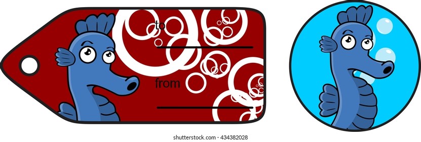 funny seahorse expression cartoon sticker gift card in vector format 