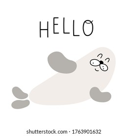 Funny seal animal says hello. Hand drawn vector illustration on white background.