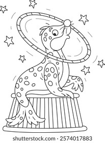 Funny seal balancing on a striped podium and playing with a big beautiful hoop in an amusing acrobatic circus performance, black and white outline vector cartoon illustration for a coloring book