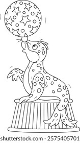 Funny seal balancing on a striped podium and playing with a big beautiful ball in an amusing acrobatic circus performance, black and white outline vector cartoon illustration for a coloring book