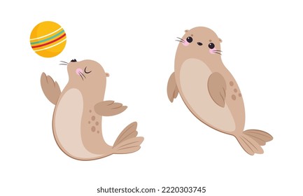 Funny Seal with Cute Snout Having Beige Fur and Fins Floating and Playing Ball Vector Set