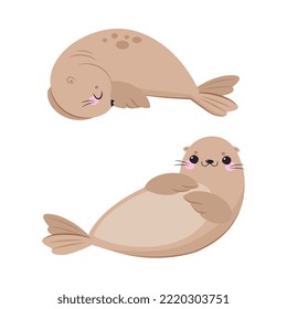 Funny Seal with Cute Snout Having Beige Fur and Fins Lying Vector Set