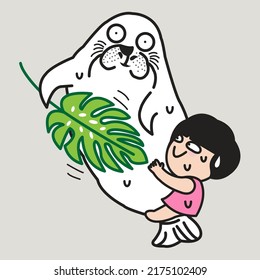 A Funny Seal is Sweating From Heat Holding And Waving Leaf Fan Cooling His Tiny Girlfriend In Hot Summer Weather Concept Card Character illustration