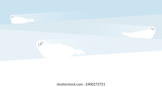 Funny seals sliding on ice vector illustration. Snow landscape concept have blank space.