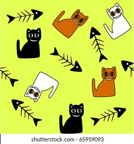 Funny seamless background with cats and fish skeletons.