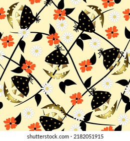 Funny seamless background with cheerful skulls in hats and cute florets. For textile, fabric print, packing, wrapping, wallpaper, cover. Vector illustration.