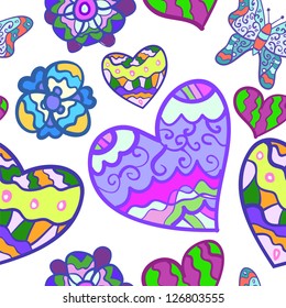 Funny seamless background with heart, butterfly and flower. Vector illustration for your spring design. Wallpaper for valentines day.