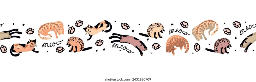 Funny seamless border with cartoon cats in various poses and colors.Horizontal banner with cute pets,prints paw and hand lettering Meow.Hand drawn vector background with animals isolated on white.