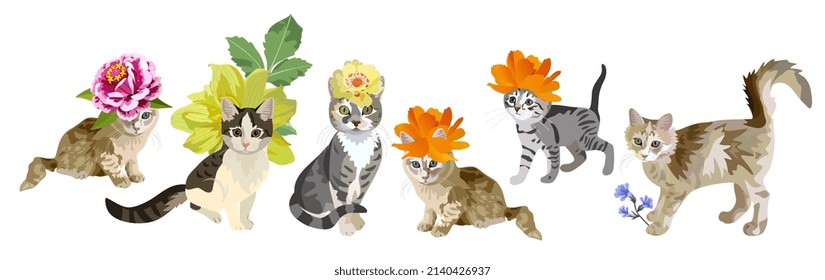 Funny seamless border with fashionista cats in flower hats isolated on white background in vector. Animal print with Chinese New Year 2023 symbols.