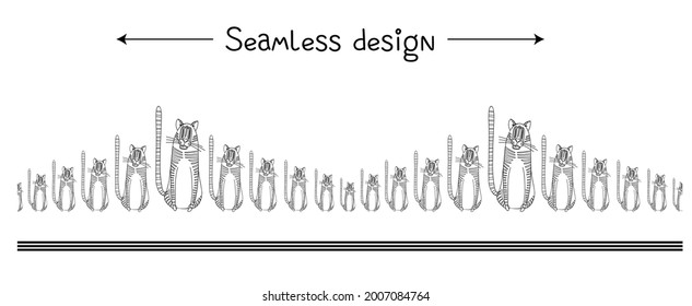 Funny seamless border with tigers. Year of the tiger background. Simple drawing of a tabby cat. Fabric and textile design.Vector illustration.