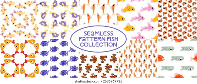 Funny Seamless Cartoon Fish Patterns. Ten colorful flat-style seamless patterns with various cute cartoon fish, arranged in playful and abstract compositions on white background.