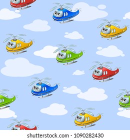 Funny seamless cartoonish pattern with colored helicopters against the blue sky with clouds. Vector illustration.