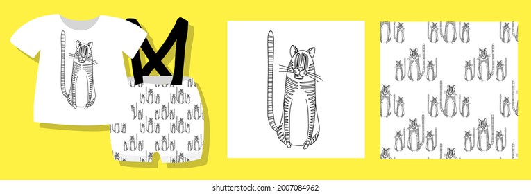 Funny seamless childish pattern with tigers. Year of the tiger background. Simple drawing of a tabby cat. Fabric and textile design.Vector illustration.