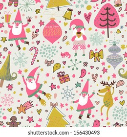 Funny seamless christmas pattern with holiday elements: Santa Claus, reindeer, toys, gift, bow, stars, hearts, trees. Cartoon vector new year texture.