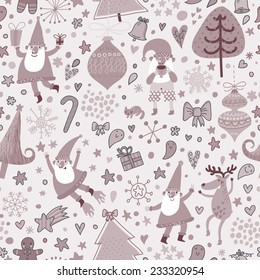 Funny seamless christmas pattern with holiday elements: Santa Claus, reindeer, toys, gift, bow, stars, hearts, trees. Cartoon vector new year texture in vintage colors.
