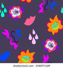 Funny seamless color pattern with eyes, lips, ears for modern textiles vector illustration in cartoon style.