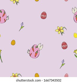 funny seamless colorful pattern with different nice yellow, violet, blue, pink, red paschal painted attributes on blue-and-grey background 