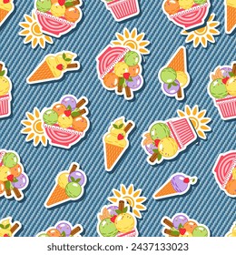 Funny seamless denim pattern with stickers with ice cream, sun icon. Detailed texture of blue jeans fabric on background. Summer design.