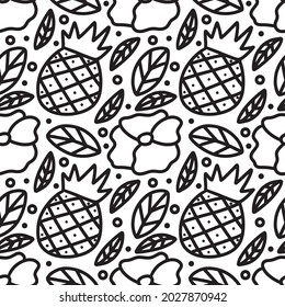 funny seamless doodle of pineapple and flowers on white background. summer vibes