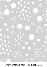 Funny Seamless Doodle Vector Pattern. Cute Hand Drawn White Spots, Dots, Circles and Daubs Isoleted on Light Gray Background. Infantile Style Irregular Abstract Dotted Print ideal for Fabric.
