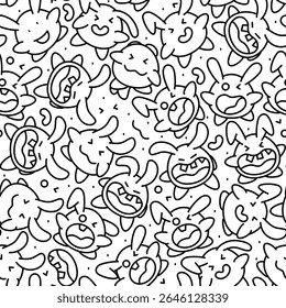Funny seamless doodle vector pattern with kawaii-style monsters and emotions. Perfect for coloring pages, kids’ designs, fabric prints, packaging, and stationery.
