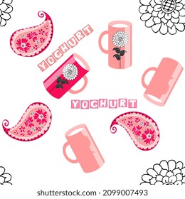 Funny seamless fabric pattern with pink cups full of yogurt, flowers and paisley on a white background. Vector design.
