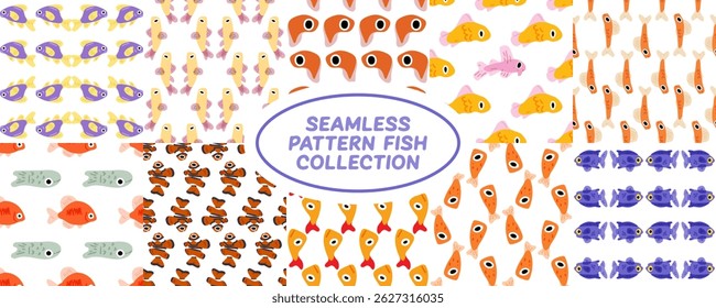  Funny Seamless Fish Pattern Set with 10 colorful patterns featuring different cartoon fish species in bright flat style, arranged on white backgrounds.
