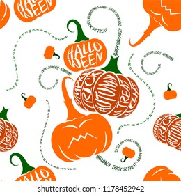 Funny Seamless Halloween Pattern with Pumpkins and text on white background