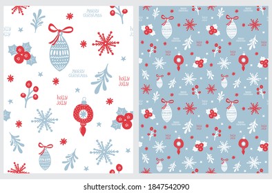 Funny Seamless Hand Drawn Christmas Vector Patetrns with Baubles, Snowflakes, Cranberries, Stars, Twigs and Leaves. Simple Blue and Red Printable Christmas Illustration ideal for Fabric.