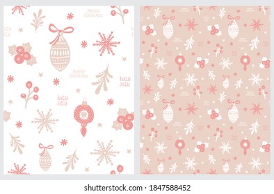 Funny Seamless Hand Drawn Christmas Vector Patetrns with Baubles, Snowflakes, Cranberries, Stars, Twigs and Leaves.Simple Beige and Light Red Printable Christmas Illustration ideal for Fabric.