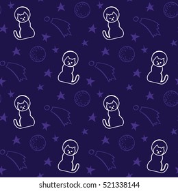 Funny seamless hand drawn pattern with cats in space, stars and moons.