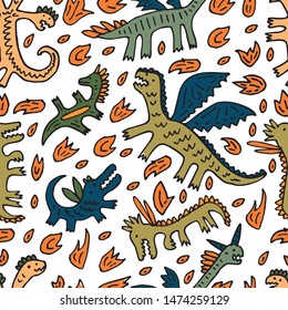 funny seamless hand-drawn pattern with dragons