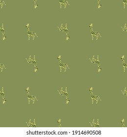 Gracioso patrón de niños sin costura con simples siluetas de jirafas. Fondo de oliva verde. Diseño sencillo. Diseño gráfico para envolver texturas de papel y tela. Ilustración vectorial.
