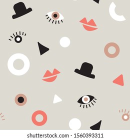 Funny seamless ornament from stylized parts of the face and geometric shapes. Modern pattern with a black hat and eyes.
