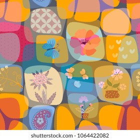 Funny seamless patchwork pattern with transparent patches in kid style. Vector summer design.