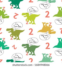 Funny seamless pattern 2 years tyrannosaur. Green t-rex dinosaur with comic style speech bubble: I am two rex. T-shirt tile design for kids: baby boy or girl.