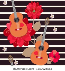 Funny seamless pattern with acoustic guitars and red flowers on black and beige striped background.