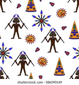 Funny Seamless Pattern with African Wild Warrior or Angry Indonesian Hunter. Pike, Wigwam, Bird and Sun. Bright Unusual Ornament for Cloth, Fabric, Textile, Sports Equipment.