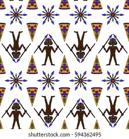 Funny Seamless Pattern with African Wild Warrior or Angry Indonesian Hunter. Pike, Wigwam, Bird and Sun. Bright Unusual Ornament for Cloth, Fabric, Textile, Sports Equipment.