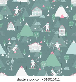 Funny seamless pattern with Alpine shale and cute cats snowboarding, skiing.