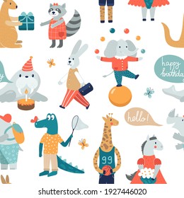 Funny seamless pattern with animals. Rabbit in costume, green crocodile, rhino, horse in red dress with flowers, walus with birthday cake. Giraffe and basketball, sports jersey. White background.