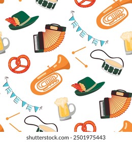 Funny seamless pattern with Bavarian musical instruments, hat, glass of foaming beer and pretzel.White background with garland, harmonica, tuba and drum.Beer festival  vector cartoon illustration.