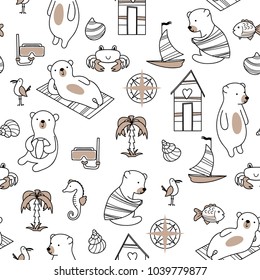 Funny seamless pattern with bears and beach elements. Vector background for children.