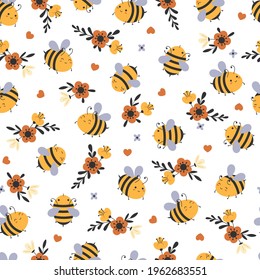Funny seamless pattern with bees wild flowers on a white background. Vector illustration. Cute background for baby textiles, stationery and nursery decoration.